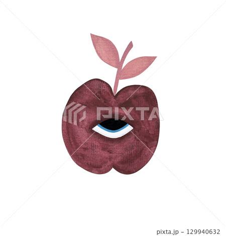 A watercolor illustration of a stylized burgundy apple with an eye and a pink leaf, set against a white background. The design blends surrealism and elegance, perfect for artistic, botanical, or 129940632
