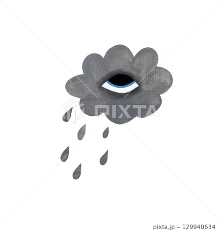 A watercolor illustration of a stylized gray cloud with an eye and raindrops falling from it, set against a white background. The design conveys mystery and weather symbolism, perfect for artistic 129940634