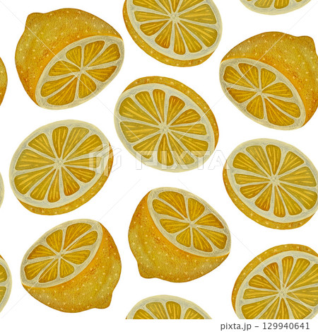 Seamless watercolor pattern featuring lemon halves and slices on a white background. Fresh and vibrant, perfect for summer designs, kitchen textiles, or citrus-themed projects. Hand-painted with Seamless watercolor pattern featuring lemon halves and slices on a white background. Fresh and vibrant, perfect for summer designs, kitchen textiles, or citrus-themed projects. Hand-painted with 129940641