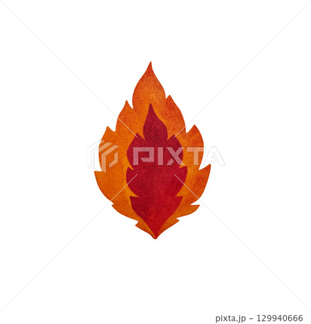 Watercolor illustration of red-orange fiery flames on a white background. Dynamic and intense, perfect for fire-themed designs, abstract art, and passionate projects. Hand-painted with vibrant detail 129940666