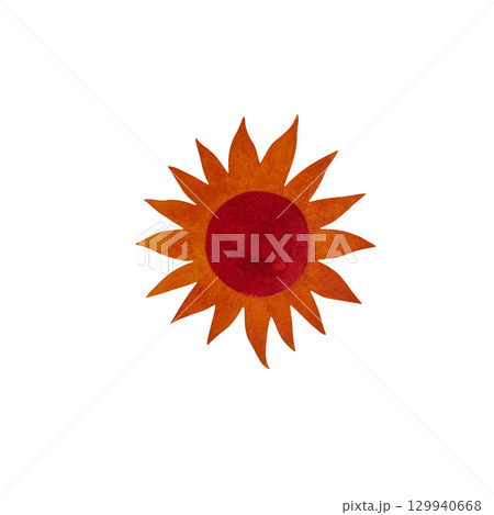 Watercolor illustration of a red-orange sun disc with fiery flares around it on a white background. Energetic and vibrant, perfect for summer designs, astrological themes, and dynamic projects. Hand 129940668