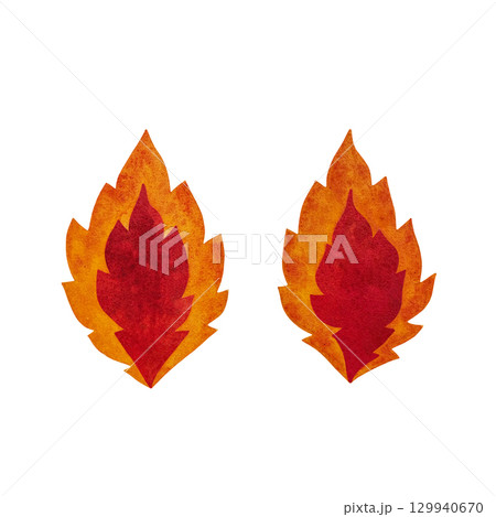 Watercolor illustration of red-orange fiery flames on a white background. Dynamic and intense, perfect for fire-themed designs, abstract art, and passionate projects. Hand-painted with vibrant detail 129940670
