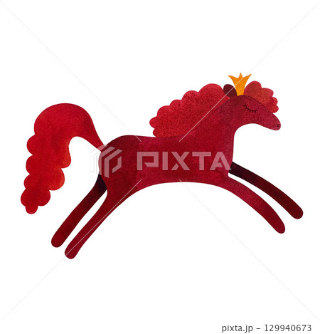 Watercolor illustration of a red running horse with a flowing orange mane and a crown, suitable for Chinese New Year (Fire Horse year) or other themes, set against a white background. Dynamic and 129940673