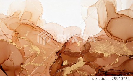 高級感のある薄くて淡いアルコールインクアート ブラウン 余白 16:9サイズ AI生成素材 129940726
