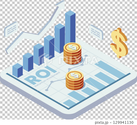 Isometric ROI Growth Chart with Coins and Rising Graph 129941130