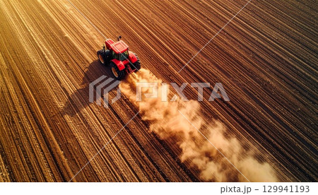 Aerial view of a red tractor plowing dry farmland at sunset, dramatic dust clouds rising above the field. Powerful image representing agriculture, farming technology, environment, and food production 129941193