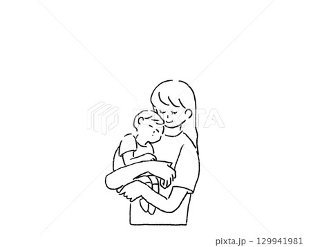 小さい男の子(子供)を抱きしめる女性、母親、親子、線画 小さい男の子(子供)を抱きしめる女性、母親、親子、線画 129941981