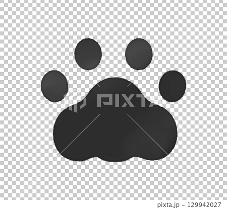 Hand-drawn black cat paw print - simple and cute stamp-like watercolor illustration of animal footprints 129942027