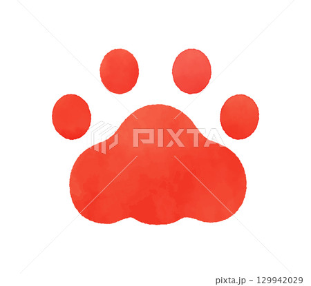 手描きの赤い猫の肉球アイコン - シンプルでかわいいスタンプのような動物の足跡の水彩風イラスト素材 129942029