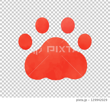 手描きの赤い猫の肉球アイコン - シンプルでかわいいスタンプのような動物の足跡の水彩風イラスト素材 129942029