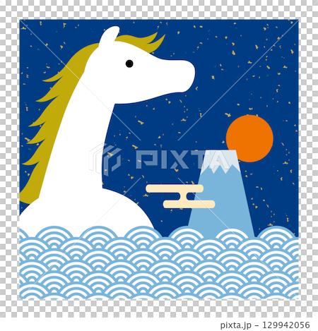 2026年午年の午と富士山と青海波の干支マーク/青 129942056