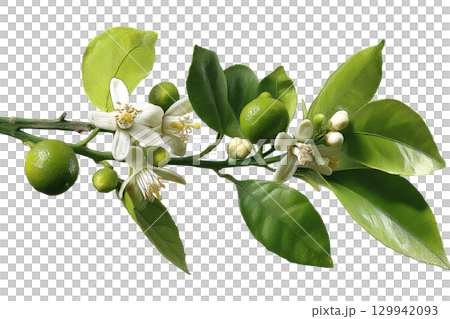 AI-generated item. Lemon branch with green leaves, white blossoms, and small unripe lemons. 129942093