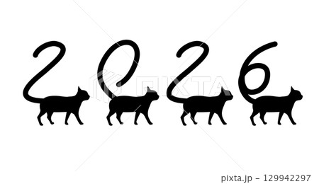 年賀素材/シッポが「2026」の形になっている猫のシルエット 年賀素材/シッポが「2026」の形になっている猫のシルエット 129942297