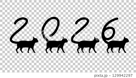 年賀素材/シッポが「2026」の形になっている猫のシルエット 年賀素材/シッポが「2026」の形になっている猫のシルエット 129942297