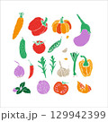Hand drawn set colorful doodle vegetables in trendy organic style. Red and green pepper, hot chili, tomatoes, jalapeno, paprika, seeds, herbs. Vegetables cut in half, piece. Flat icons. Farm products 129942399