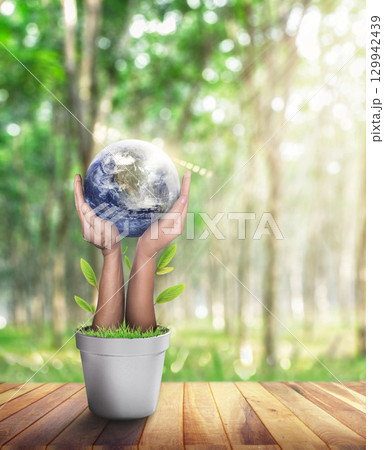 World in Hand and Blurred Beautiful Bokeh in the Garden Background. World environment and earth day with tree planting and green earth on volunteering hands. World in Hand and Blurred Beautiful Bokeh in the Garden Background. World environment and earth day with tree planting and green earth on volunteering hands. 129942439