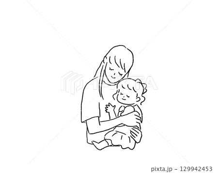 小さい女の子（子供）を抱きしめる女性、母親、親子、線画 129942453