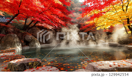 秋の紅葉した露天風呂の温泉 129942554