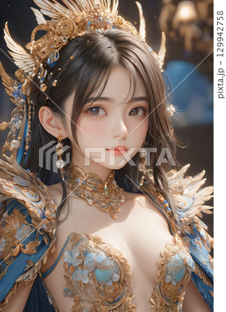 若い女性セクシーな王族の金色のドレスを着ているイラスト。ファンタジープリンセス 129942758