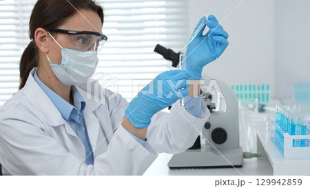 Female scientist wearing a face mask and blue gloves, carefully dropping liquid from a pipette into a test tube in a modern laboratory. Medicine and science concept Female scientist wearing a face mask and blue gloves, carefully dropping liquid from a pipette into a test tube in a modern laboratory. Medicine and science concept 129942859