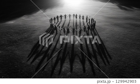大地に人々が円を描いて立つ俯瞰アート構図 129942903