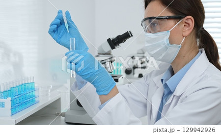 Female scientist wearing a face mask and blue gloves, carefully dropping liquid from a pipette into a test tube in a modern lab. Medicine, healthcare and science concept 129942926