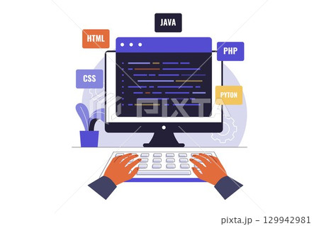 Hands Coding on Keyboard with Various Programming Languages 129942981
