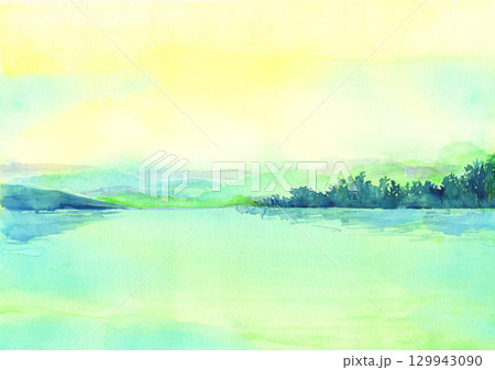 水彩で描いた湖と山の風景イラスト 水彩で描いた湖と山の風景イラスト 129943090
