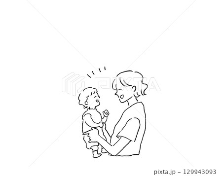 小さい子供を抱く女性の横顔、母親、親子、線画 129943093