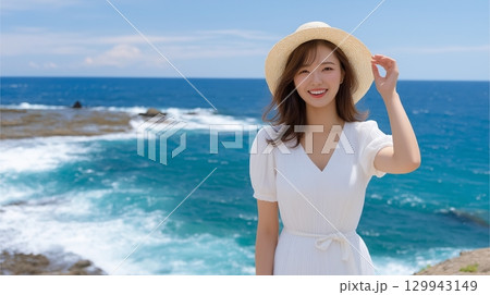 海辺に立つ笑顔の女性 129943149