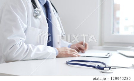 Blue stethoscope is lying on the table near doctor man professional writing on the clipboard in clinic office. Medicine and healthcare concept 129943280