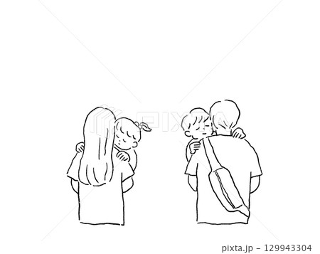小さい子供を抱っこする男性と女性の後ろ姿、(家族、父親、母親)、線画 小さい子供を抱っこする男性と女性の後ろ姿、(家族、父親、母親)、線画 129943304