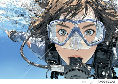美優シリーズ：水面近くを泳ぐ女性ダイバー　カメラ目線 129943328