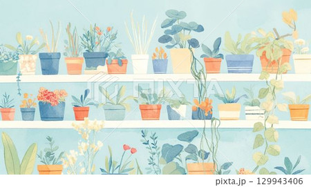 棚に並んだ観葉植物のイラスト 棚に並んだ観葉植物のイラスト 129943406