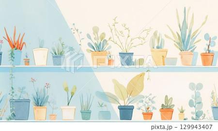 柔らかい色合いの鉢植え植物のイラスト 柔らかい色合いの鉢植え植物のイラスト 129943407