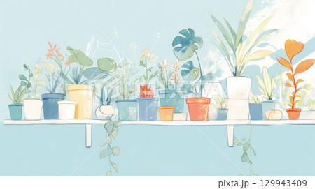 青い背景と観葉植物のイラスト 129943409