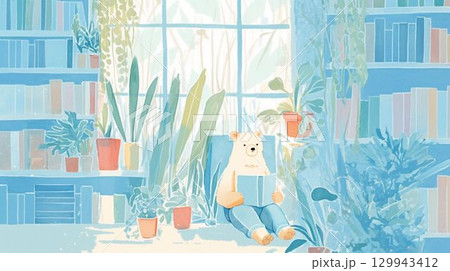 図書館で本を読む白くまのイラスト 129943412