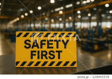 Safety first sign with industrial hazard stripes placed steel surface busy manufacturing warehouse, emphasizing factory protection and awareness 129943578