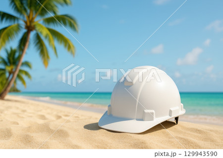 White construction helmet, sandy beach, palm trees, ocean view, work life balance, vacation safety 129943590
