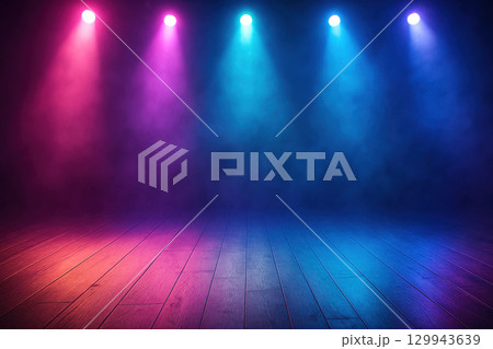Colorful stage lights illuminate wooden floor, creating vibrant atmosphere with purple and blue haze, perfect for concerts and performances 129943639