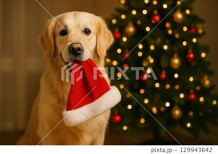 Cute golden retriever holding red Santa hat mouth, standing front of decorated Christmas tree with glowing ornaments, radiating holiday cheer 129943642