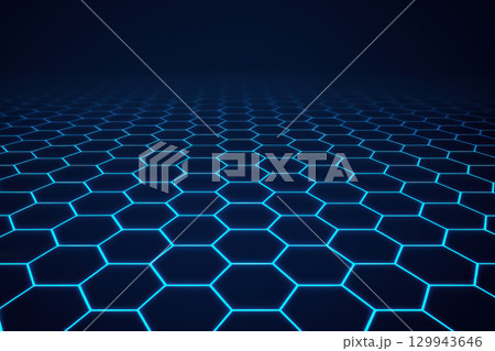 Futuristic glowing hexagonal grid floor with neon blue lines creates abstract digital network technology background, evoking depth and perspective Futuristic glowing hexagonal grid floor with neon blue lines creates abstract digital network technology background, evoking depth and perspective 129943646
