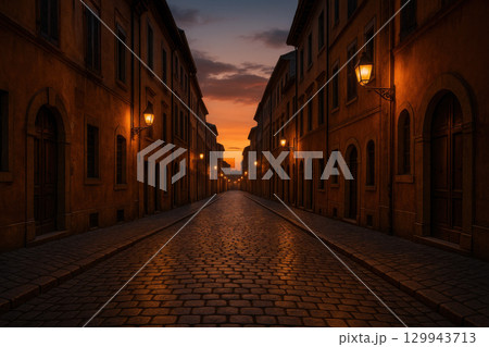 European cobblestone street at sunset warm lamplight illuminating historic buildings charming old town atmosphere cinematic cityscape 129943713