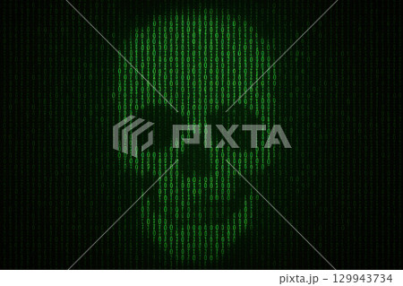Green digital code forming skull shape symbolizing cybersecurity threat and hacking danger in dark background with binary numbers 129943734