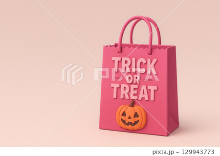 Pink trick or treat bag with pumpkin decoration on soft pastel background, festive Halloween concept with cheerful mood 129943773