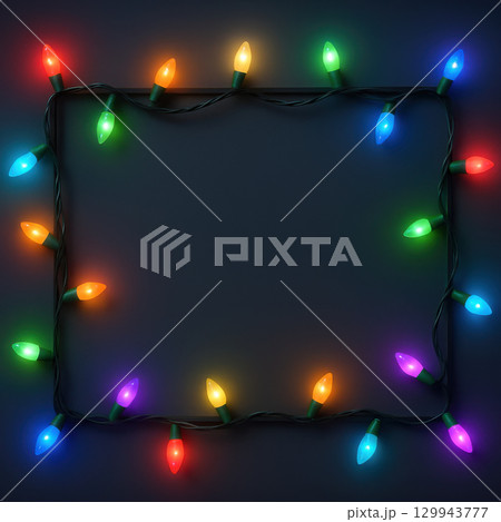 Colorful Christmas lights frame with glowing bulbs on dark background creating festive mood and copy space for holiday message 129943777