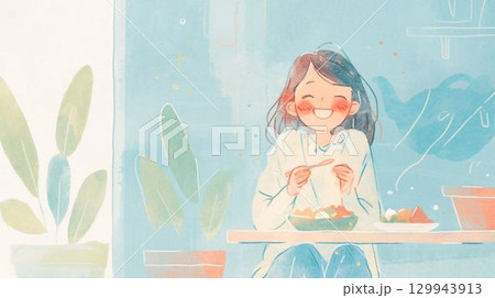 食事を楽しむ笑顔の女性のイラスト 129943913