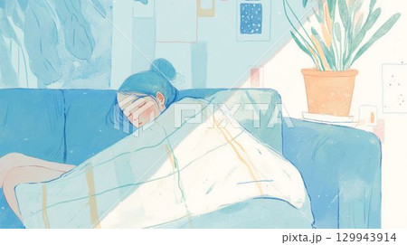 ソファで眠る女性のイラスト 129943914