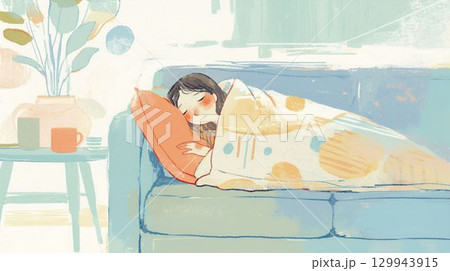 毛布に包まれて眠る女性のイラスト 129943915
