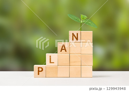 Wooden cubes with the words plan and young green seedling symbolizes are business progress, symbol of success, strategic development of a company, startup. Business concept Wooden cubes with the words plan and young green seedling symbolizes are business progress, symbol of success, strategic development of a company, startup. Business concept 129943948
